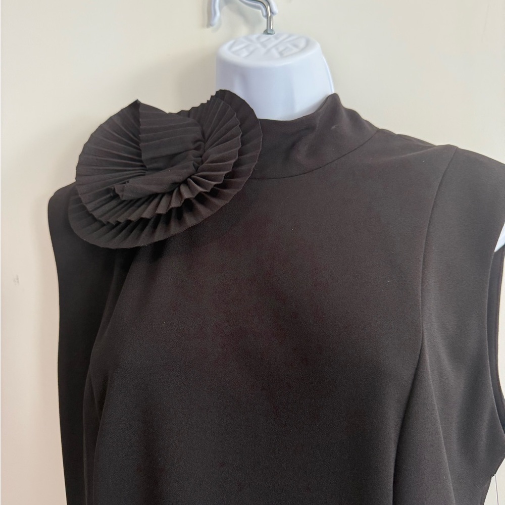 NWT Calvin Klein Black Midi Dress with Ruffle Detail in classic design.